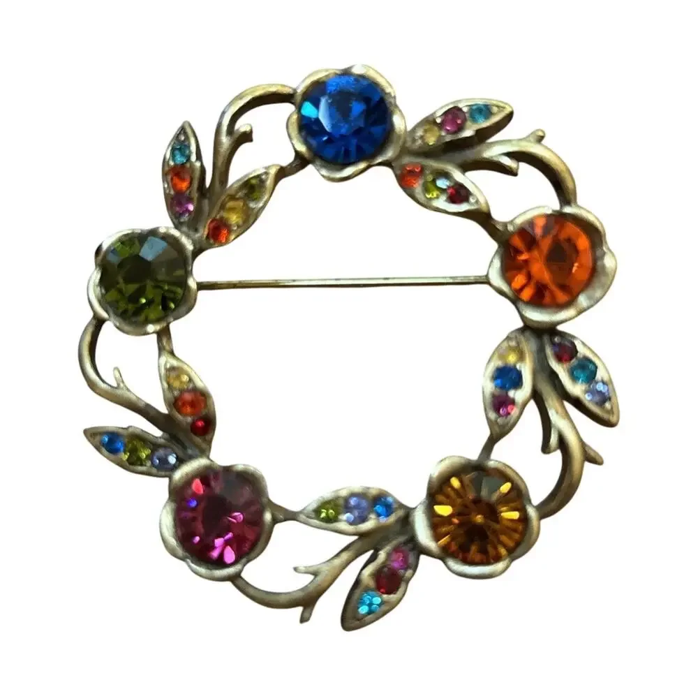 Gold circle wreath brooch multicolor rhinestones pin ornate romantic vintage 80s